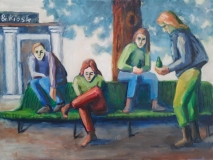 Jugendliche an einer Rundbank, Acryl auf Leinwand, 50x70 cm