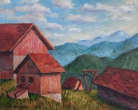 Hüttenensemble am Berg, 40x50 cm, Acryl auf Leinwand