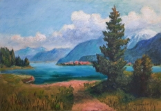 See mit fernen Bergen und Wolken, 40x60 cm, Acryl auf Leinwand