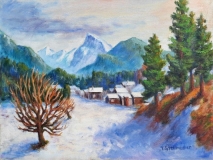 Winterdorf mit fernen Bergen, 40x70, Acryl auf Leinwand