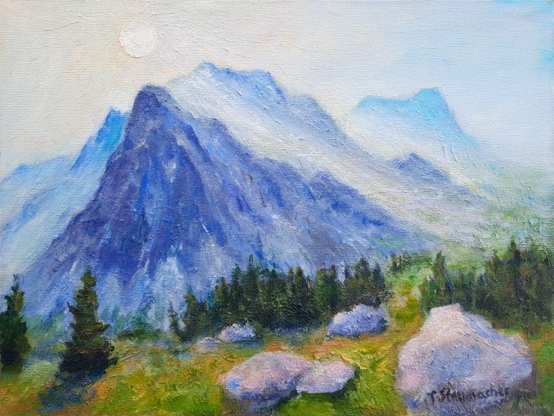 Sonnenstrahlen zwischen den Bergen bei Engelberg, Acryl auf Leinwand, 30x40 cm