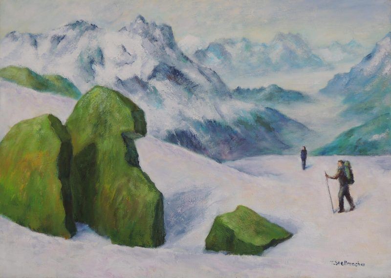 Wanderer auf dem Gletscher am Maighels-Pass in der Schweiz, Acryl auf Leinwand, 50x70 cm