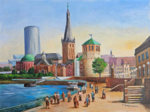 Düsseldorf mit Lambertuskirche und Schlossturm, 50x70 cm, Acryl auf Leinwand