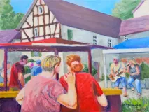 Feierabendmarkt vor dem Siegtalhaus, Acryl auf Leinwand 40x50 cm