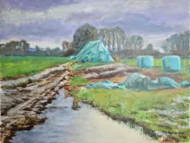 Heurollen in Plastik bei Wassack, Acryl auf Leinwand 60x70 cm