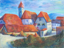 Dorf mit letzten Sonnenstrahlen, 50x70 cm, Acryl auf Leinwand