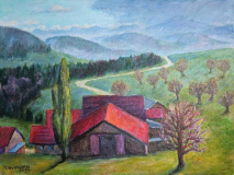 Hof im Schweizer Jura mit Bergkette, Acryl auf Leinwand 60x80 cm