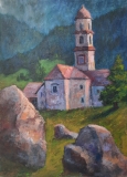 Kirche hinter den Felsen im Tessin, 50x70 cm, Acryl