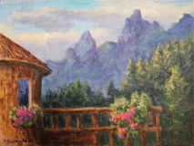 Felszacken abends im Rosengarten, Acryl Leinwand 30x40 cm