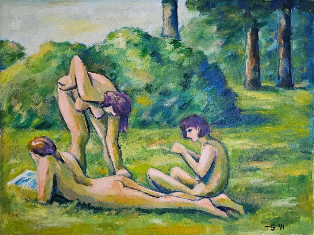 &Ouml;lgem&auml;lde, drei mit sich selbst besch&auml;ftigte weibliche Akte auf gelbgr&uuml;ner Sommerwiese vor gr&uuml;nen B&uuml;schen und B&auml;umen.