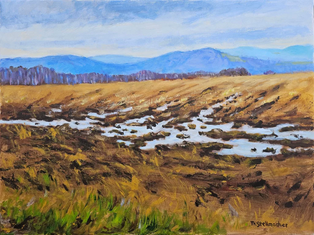Acker mit Pf&uuml;tzen oberhalb von Eitorf, Acryl auf Leinwand 50x70 cm