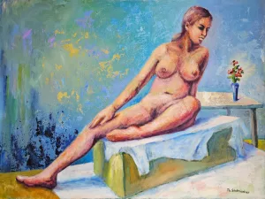 Akt mit Strauss, Acryl auf Leinwand 65x90 cm