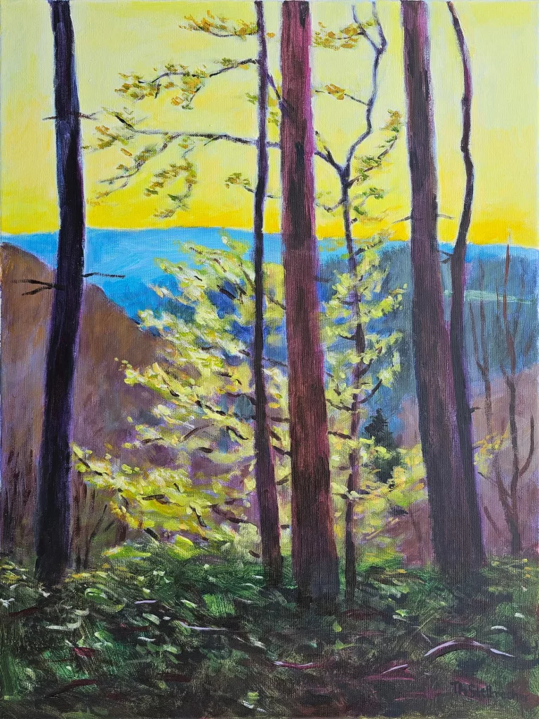 B&auml;ume am Rande des Krabachtals im Gegenlicht, Acryl auf Leinwand 50x70 cm