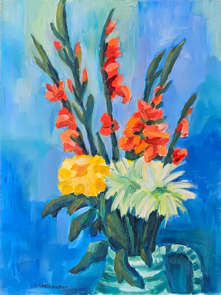 Acrylgem&auml;lde, Blumenstrau&szlig; mit Blumen in Wei&szlig;, Gelb und Rot vor blauem Hintergrund