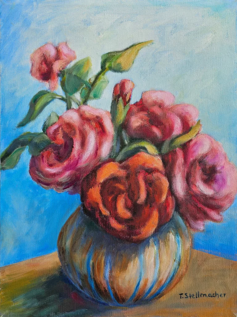 Acrylgem&auml;lde, Blumenstrau&szlig; mit Rosen und kugeliger Vase vor blauem Hintergrund
