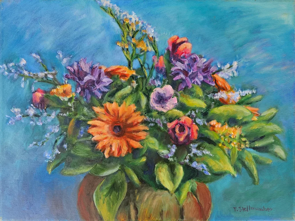 Acrylgem&auml;lde, Blumenstrau&szlig; mit orangen und violetten Blumen vor blauem Hintergrund