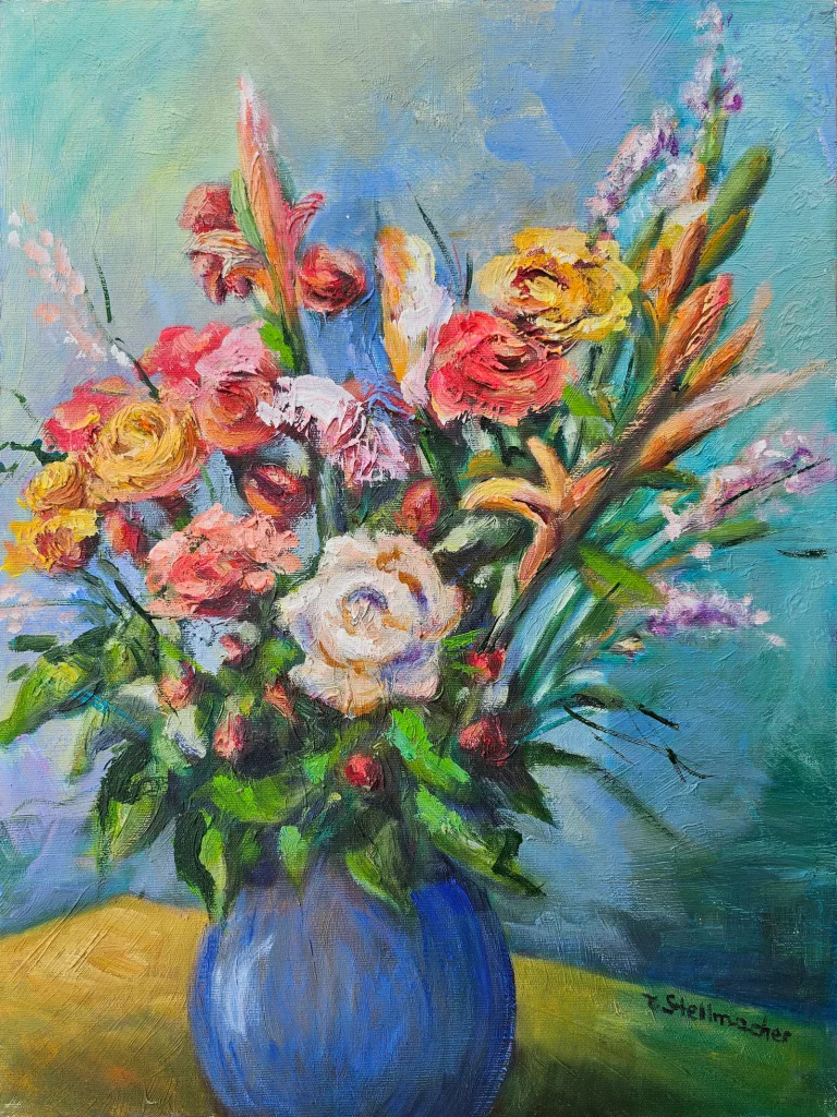 Acrylgem&auml;lde, bunter Blumenstrau&szlig; vor blauem Hintergrund