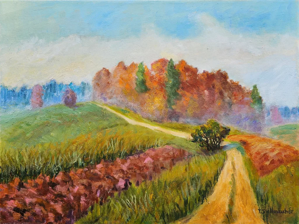 Sich aufl&ouml;sender Nebel &uuml;ber dem Dinkelberg, Acryl auf Leinwand 40x50 cm