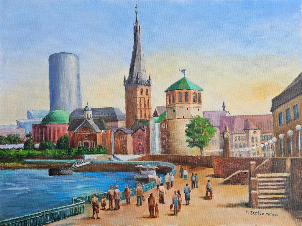 D&uuml;sseldorf Altstadtufer mit Leuten, Acryl auf Leinwand 50x70 cm