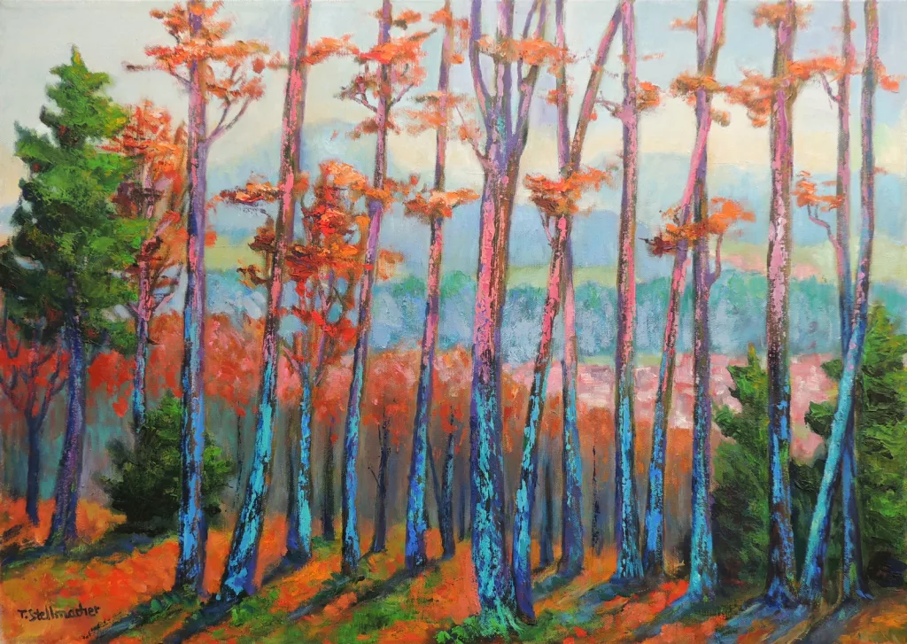 Durchblick durch den Wald auf Rheinfelden und das Hochrheintal, Acryl auf Leinwand 50x70 cm