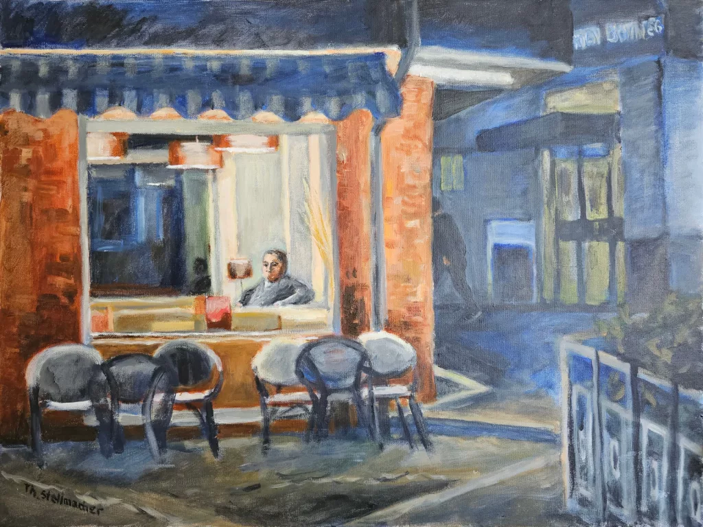 Eiscafe in Eitorf Ortsmitte am Abend, Acryl auf Leinwand 50x70 cm