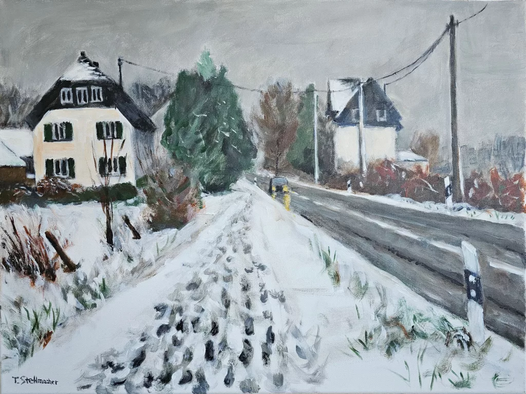 Eitorf Josefsh&ouml;he im Schnee, Acryl auf Leinwand 50x70 cm