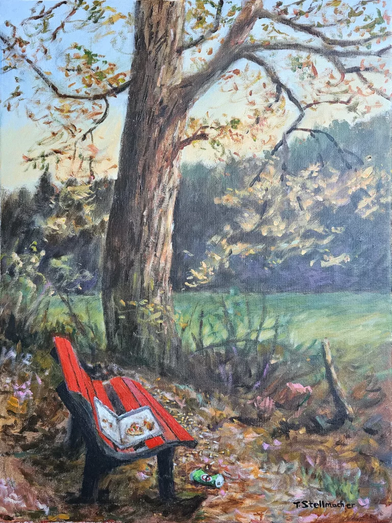 Bank im Krabachtal bei Eitorf Bach, Acryl auf Leinwand 40x60 cm