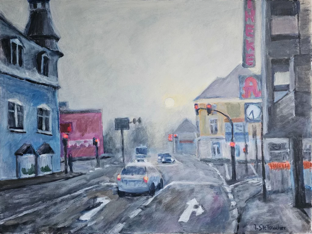 Hauptkreuzung in Eitorf im Nebel, Acryl auf Leinwand 50x70 cm, verkauft