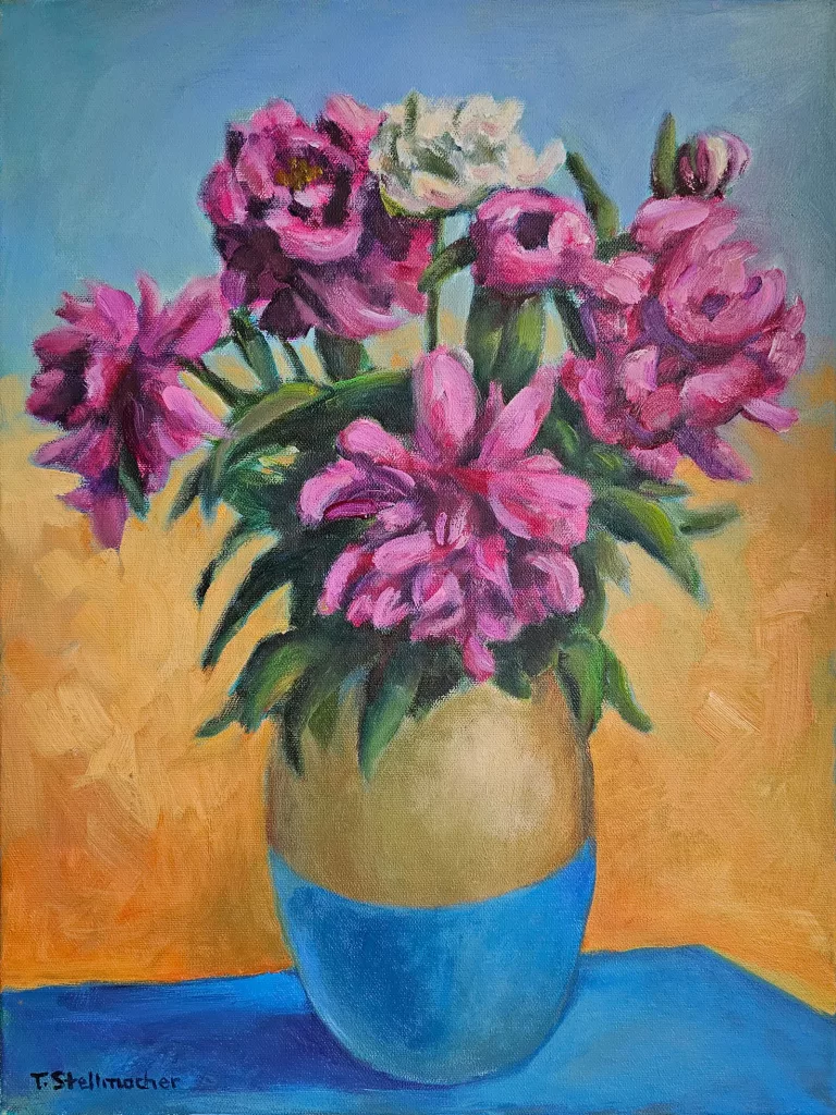 Acrylgem&auml;lde, Blumenstrau&szlig; mit Pfingstrosen vor blauem und gelbem Hintergrund