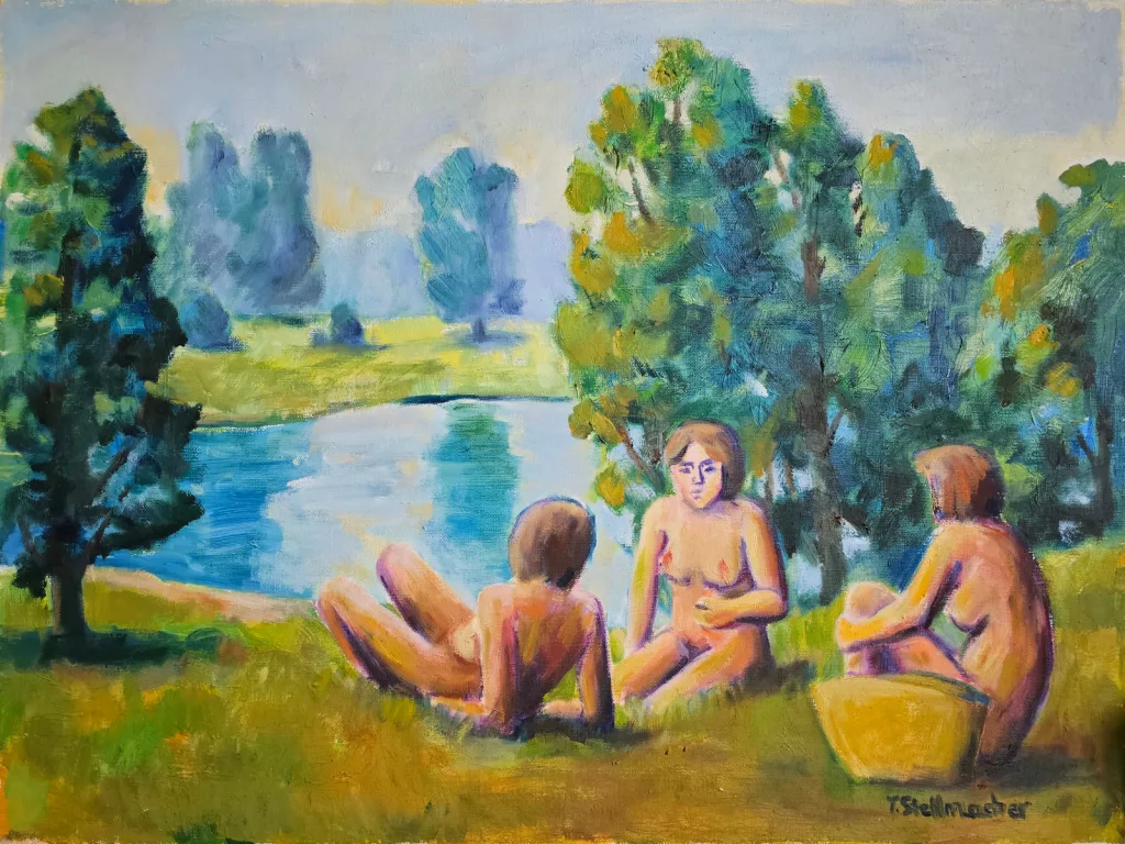 &Ouml;lgem&auml;lde, Picknick am See, drei weibliche Akte im Gespr&auml;ch, warmer Tag, Himmel leicht diesig