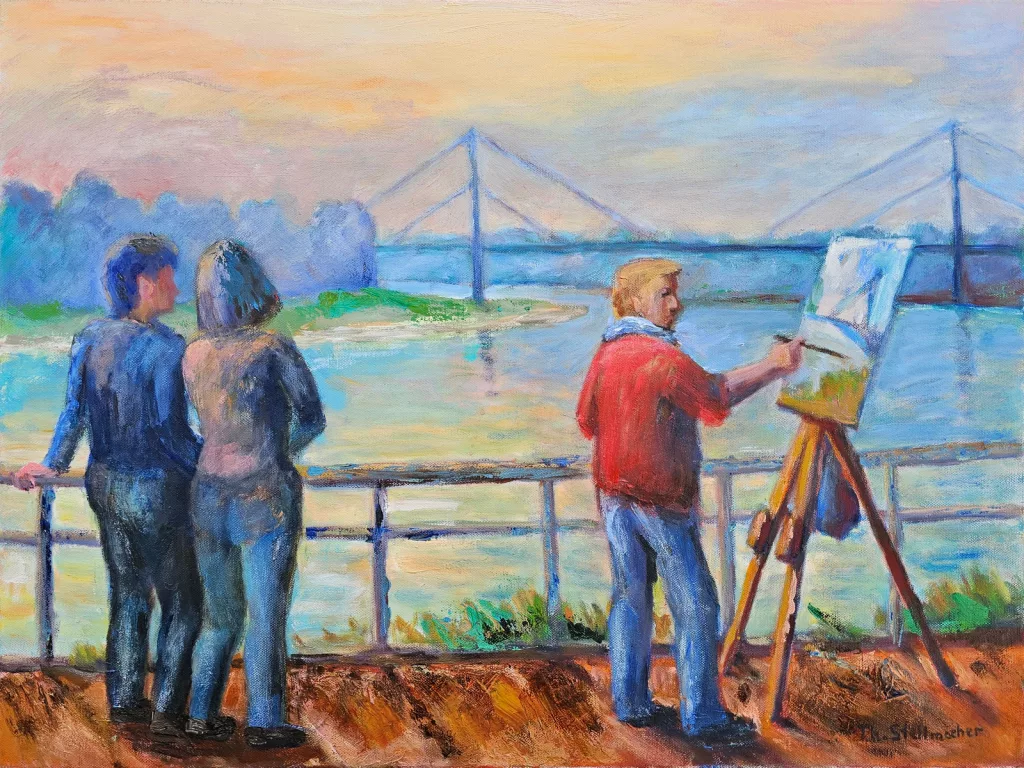 Rheinufer mit Maler, Acryl auf Leinwand 50x70 cm