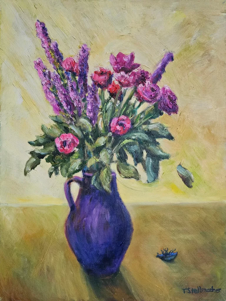 Acrylgem&auml;lde, Blumenstrau&szlig; vor gelben Hintergrund mit K&auml;fer neben blauer Vase