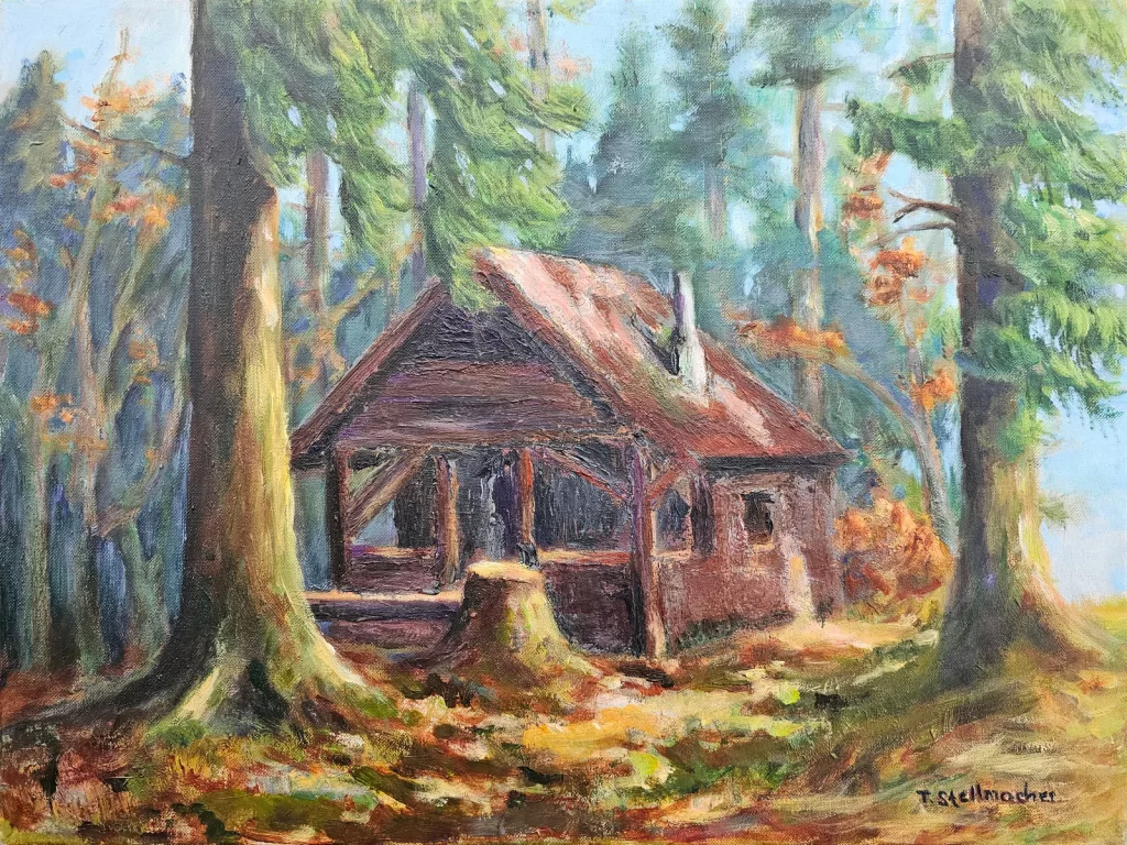Waldh&uuml;tte Dinkelberg bei Nordschwaben 40x50 cm Acryl auf Leinwand