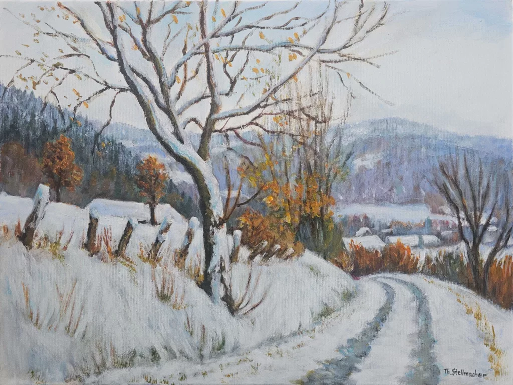 Weg bei Eitorf M&uuml;hleip im Winter, Acryl auf Leinwand 50x70 cm