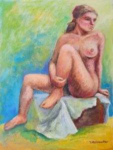 hockender Akt verdreht, Acryl auf Leinwand 50x70 cm