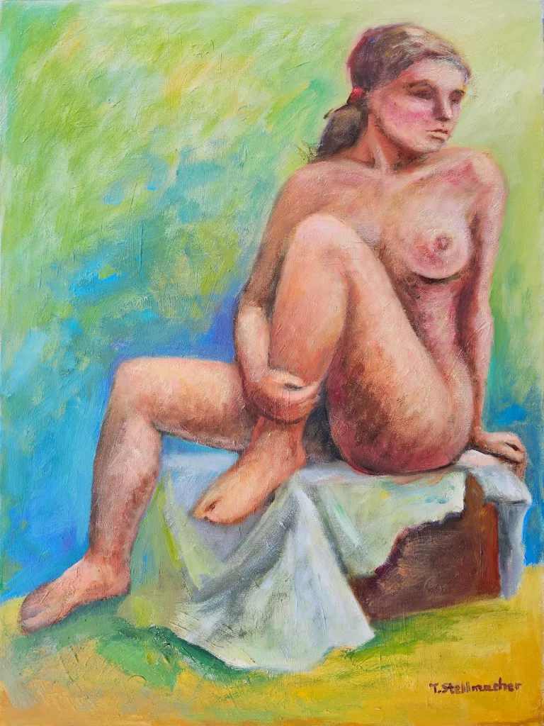 Acrylgem&auml;lde, sitzender weiblicher Akt in warmen Farbt&ouml;nen auf Kiste, Bein angewinkelt, Hintergrund gelbgr&uuml;n bis blau