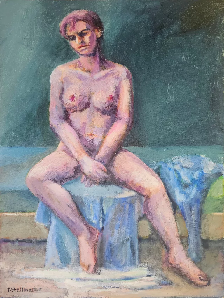 Acrylgem&auml;lde, sitzender weiblicher Akt mit Couch vor k&uuml;hlem Hintergrund