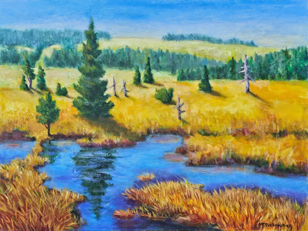 Pf&uuml;tze mit unregelm&auml;&szlig;igen Konturen in gelber Graslandschaft mit einzelnen Nadelb&auml;umen. Baumspiegelungen im Wasser, dahinter flacher Bergr&uuml;cken und blauer Himmel.